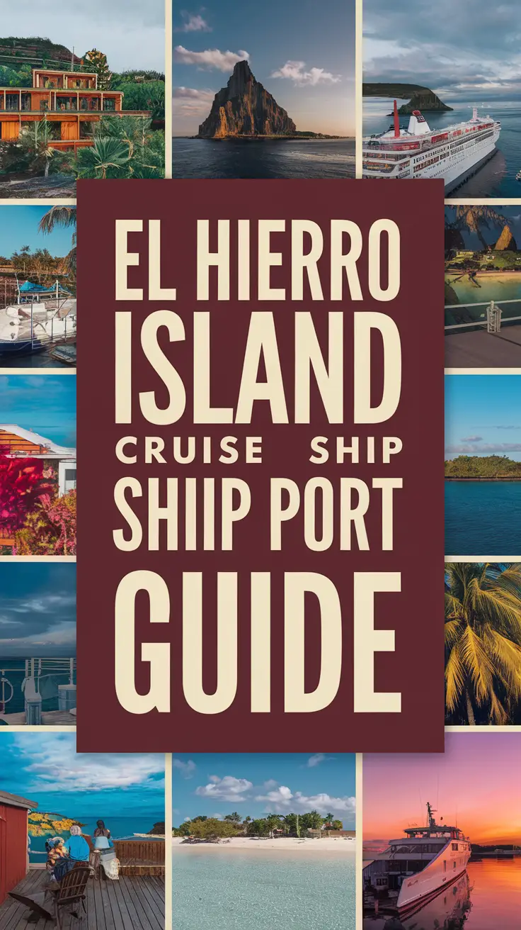 Big text overlay saying: El Hierro Island Cruise Ship Port Guide. It's designed to immediately grab attention with its thick, distinctive lettering set prominently in a big dark colored box, utilizing a simple yet striking bold white color for the text. Surrounding this eye-catching typography, a collage of vibrant images.