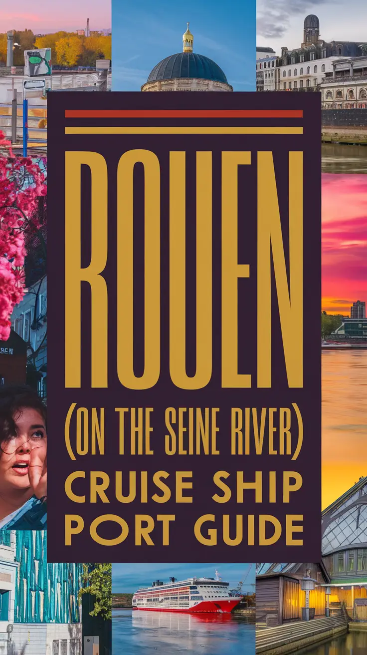 Big text overlay saying: Rouen (on the Seine River) Cruise Ship Port Guide. It's designed to immediately grab attention with its thick, distinctive lettering set prominently in a big dark colored box, utilizing a simple yet striking bold white color for the text. Surrounding this eye-catching typography, a collage of vibrant images.