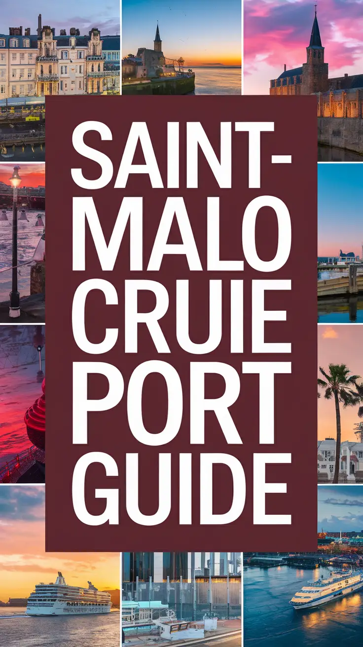 Big text overlay saying: Saint-Malo Cruise Ship Port Guide. It's designed to immediately grab attention with its thick, distinctive lettering set prominently in a big dark colored box, utilizing a simple yet striking bold white color for the text. Surrounding this eye-catching typography, a collage of vibrant images.