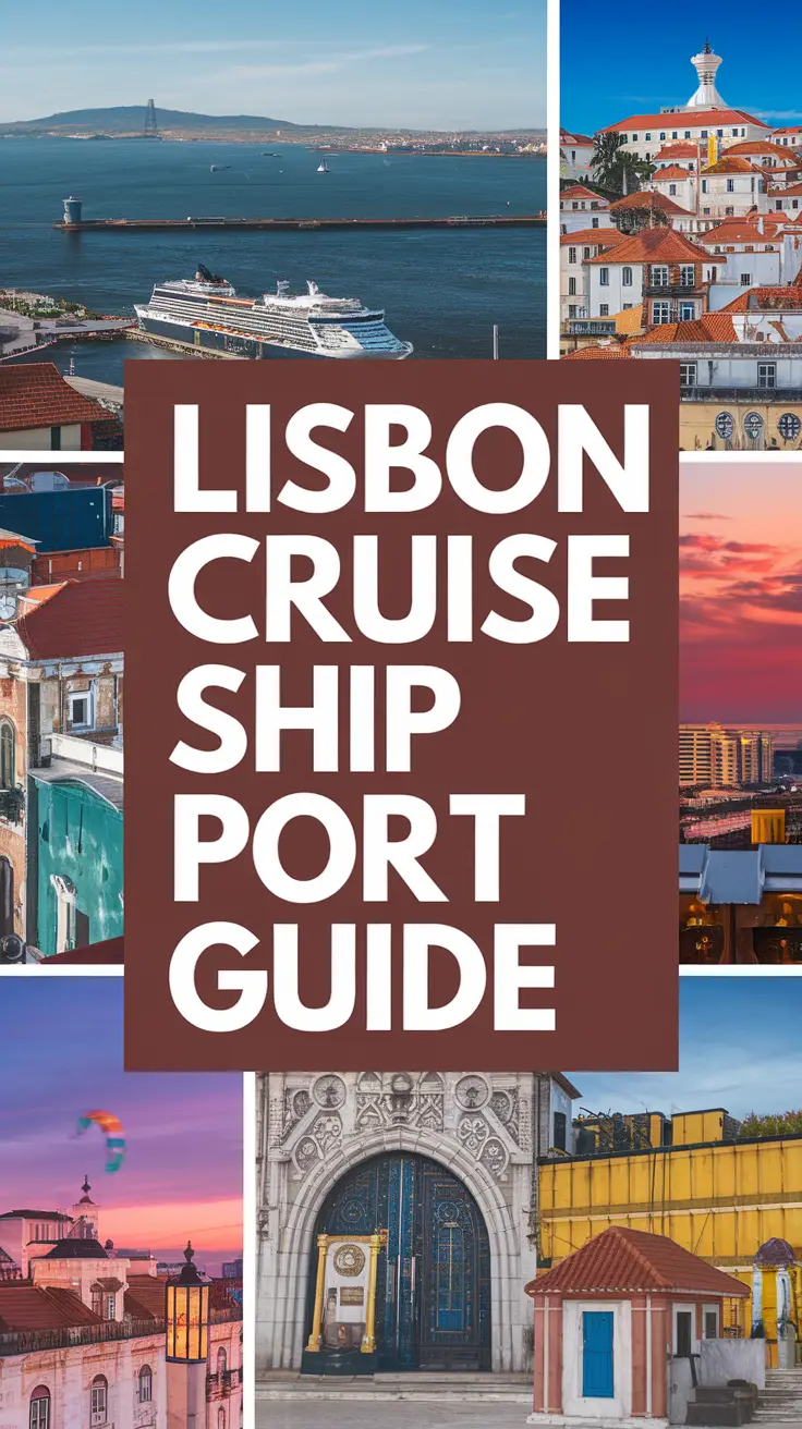 Big text overlay saying: Lisbon Cruise Ship Port Guide. It's designed to immediately grab attention with its thick, distinctive lettering set prominently in a big dark colored box, utilizing a simple yet striking bold white color for the text. Surrounding this eye-catching typography, a collage of vibrant images.