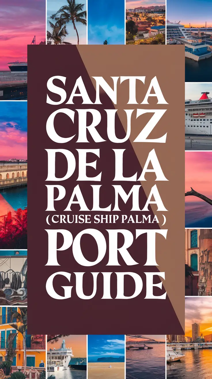 Big text overlay saying: Santa Cruz de La Palma (La Palma) Cruise Ship Port Guide. It's designed to immediately grab attention with its thick, distinctive lettering set prominently in a big dark colored box, utilizing a simple yet striking bold white color for the text. Surrounding this eye-catching typography, a collage of vibrant images.