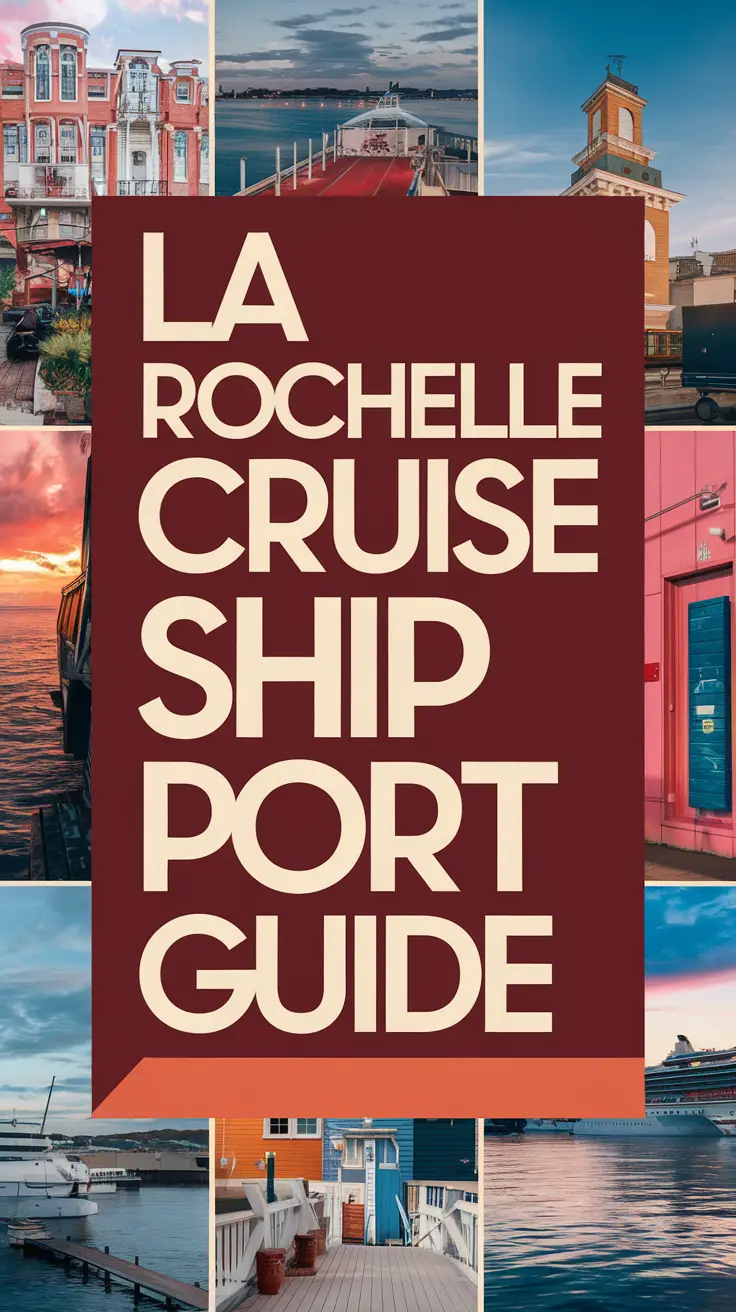 Big text overlay saying: La Rochelle Cruise Ship Port Guide. It's designed to immediately grab attention with its thick, distinctive lettering set prominently in a big dark colored box, utilizing a simple yet striking bold white color for the text. Surrounding this eye-catching typography, a collage of vibrant images.