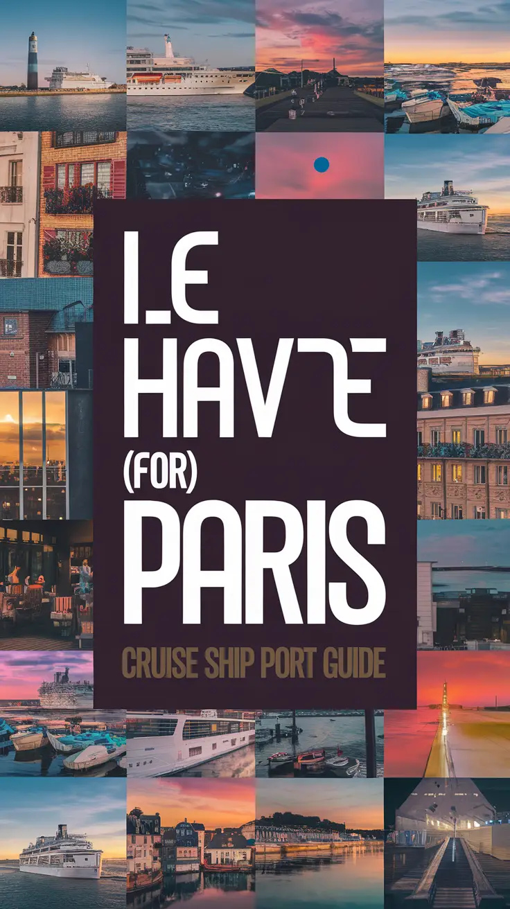 Big text overlay saying: Le Havre (for Paris) Cruise Ship Port Guide. It's designed to immediately grab attention with its thick, distinctive lettering set prominently in a big dark colored box, utilizing a simple yet striking bold white color for the text. Surrounding this eye-catching typography, a collage of vibrant images.