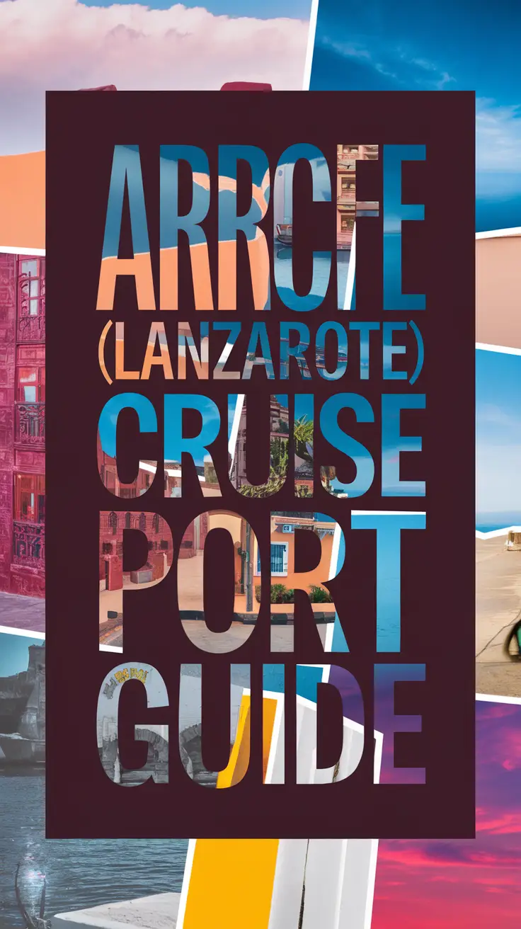 Big text overlay saying: Arrecife (Lanzarote) Cruise Ship Port Guide. It's designed to immediately grab attention with its thick, distinctive lettering set prominently in a big dark colored box, utilizing a simple yet striking bold white color for the text. Surrounding this eye-catching typography, a collage of vibrant images.