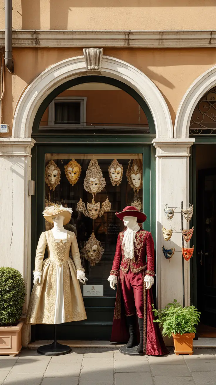 Big text overlay saying “9 Secret Mask Shops in Venice” in bold white letters inside a large dark box, surrounded by a colorful collage of Venetian masks and shop imagery.