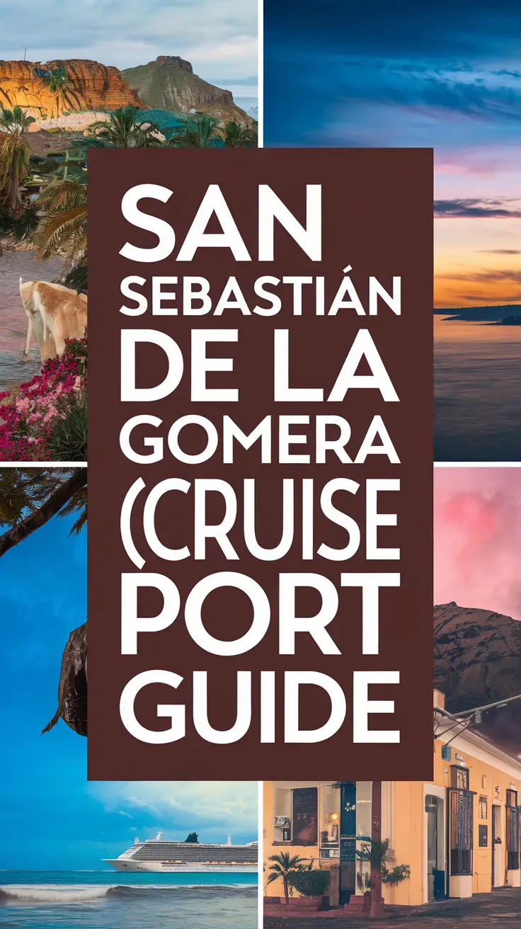 Big text overlay saying: San Sebastián de La Gomera (La Gomera) Cruise Ship Port Guide. It's designed to immediately grab attention with its thick, distinctive lettering set prominently in a big dark colored box, utilizing a simple yet striking bold white color for the text. Surrounding this eye-catching typography, a collage of vibrant images.