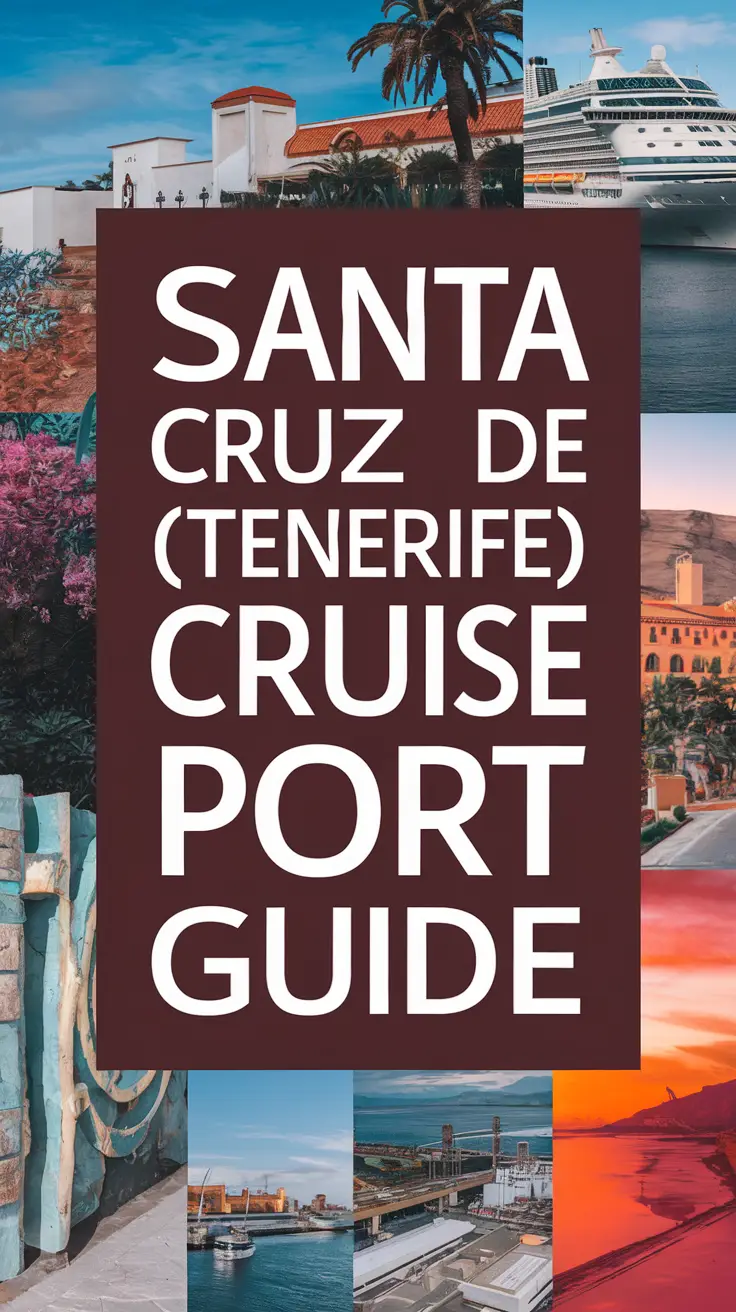 Big text overlay saying "Santa Cruz de Tenerife (Tenerife) Cruise Ship Port Guide" in bold white letters on a dark box, surrounded by a vibrant collage of realistic travel images showcasing cruise ships, coastline, cityscapes, and tropical scenery.