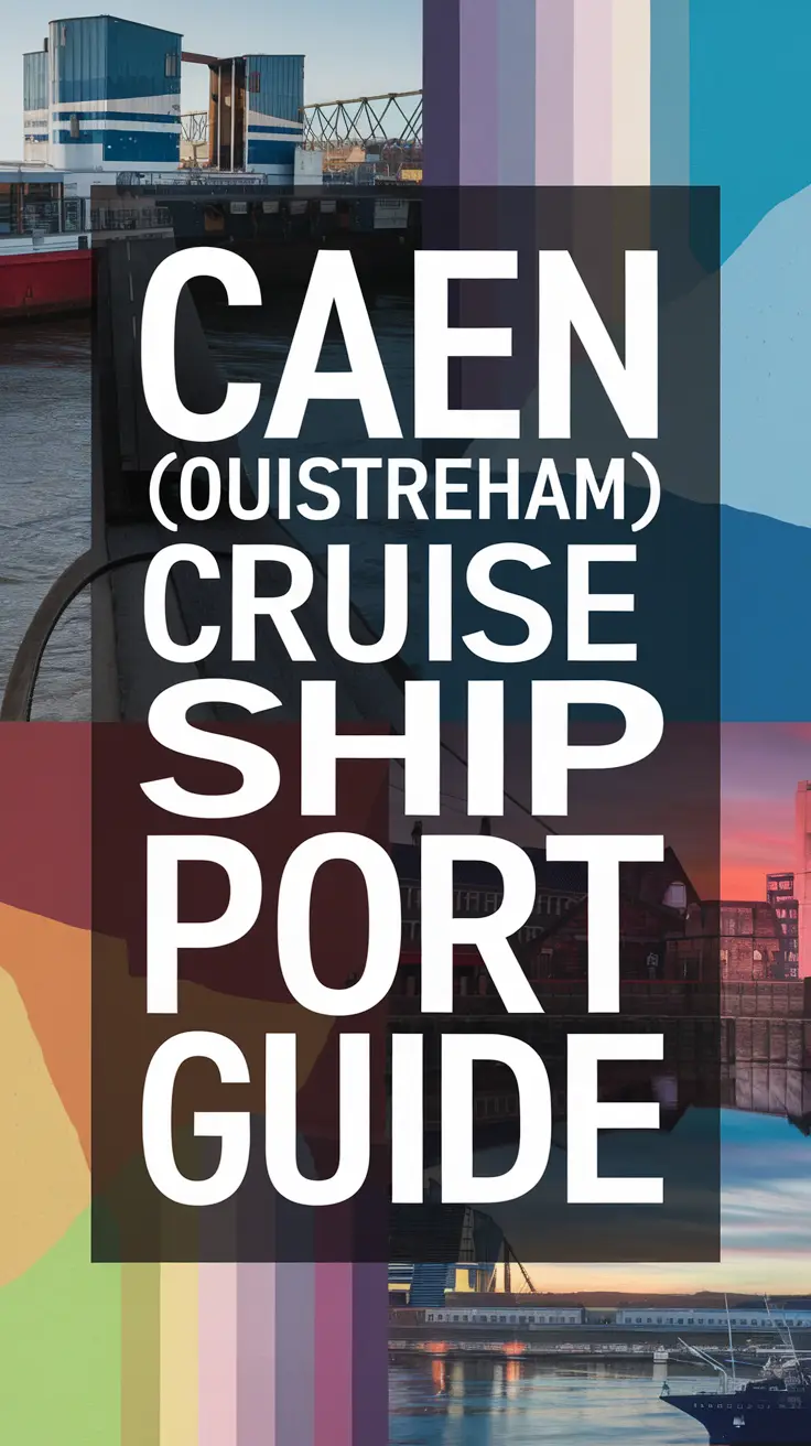 Big text overlay saying: Caen (Ouistreham) Cruise Ship Port Guide. It's designed to immediately grab attention with its thick, distinctive lettering set prominently in a big dark colored box, utilizing a simple yet striking bold white color for the text. Surrounding this eye-catching typography, a collage of vibrant images.