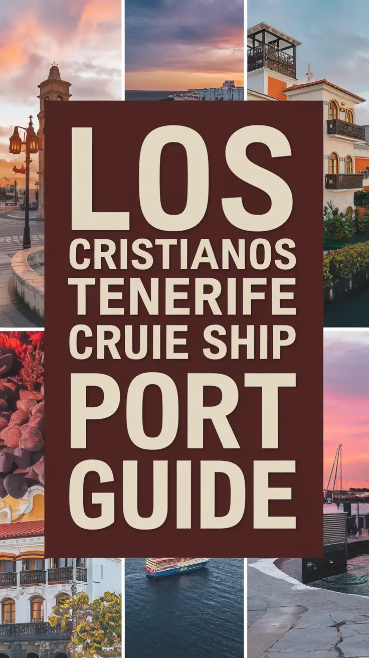 Big text overlay saying: Los Cristianos Tenerife Cruise Ship Port Guide, with thick, distinctive white lettering in a bold dark box, surrounded by a vibrant collage of realistic images.