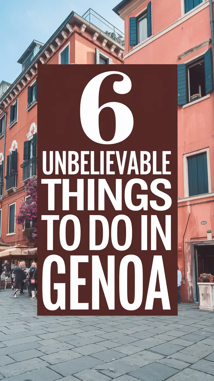 6 Unbelievable Things to Do in Genoa, bold white text over a dark box, surrounded by a vibrant photo collage showcasing realistic travel and city experiences.