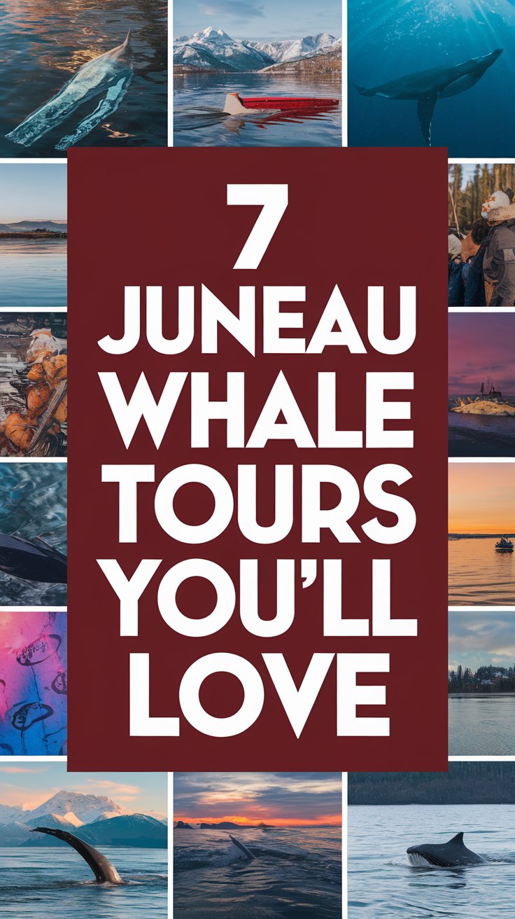 Big text overlay saying "7 Juneau Whale Tours You’ll Love" in bold white lettering on a dark background box, surrounded by a vibrant collage of realistic marine and whale-watching imagery designed to capture attention.
