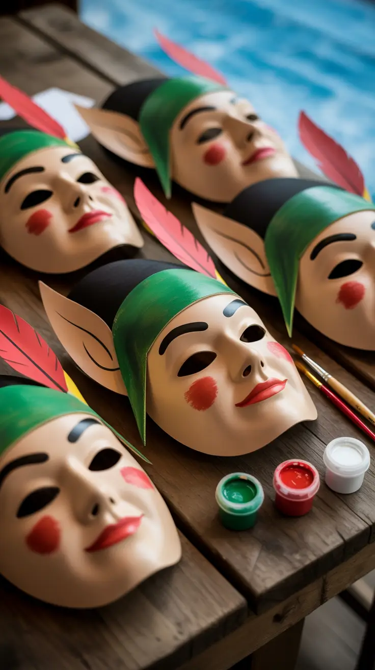 Big text overlay reading "9 Secret Mask Shops in Venice" in bold white letters atop a dark-colored box, set against a vibrant collage of realistic Venetian mask images.
