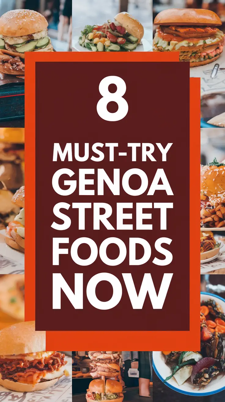 8 Must-Try Genoa Street Foods Now, bold white text in a dark box overlaying a realistic collage of colorful, appetizing Genoese street food items designed to capture attention.
