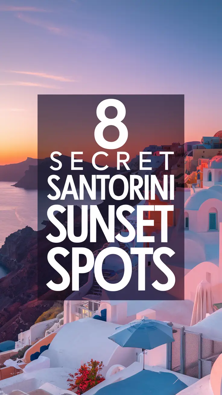 Big text overlay saying: 8 Secret Santorini Sunset Spots. It's designed to immediately grab attention with its thick, distinctive lettering set prominently in a big dark colored box, utilizing a simple yet striking bold white color for the text. Surrounding this eye-catching typography, a collage of vibrant images.