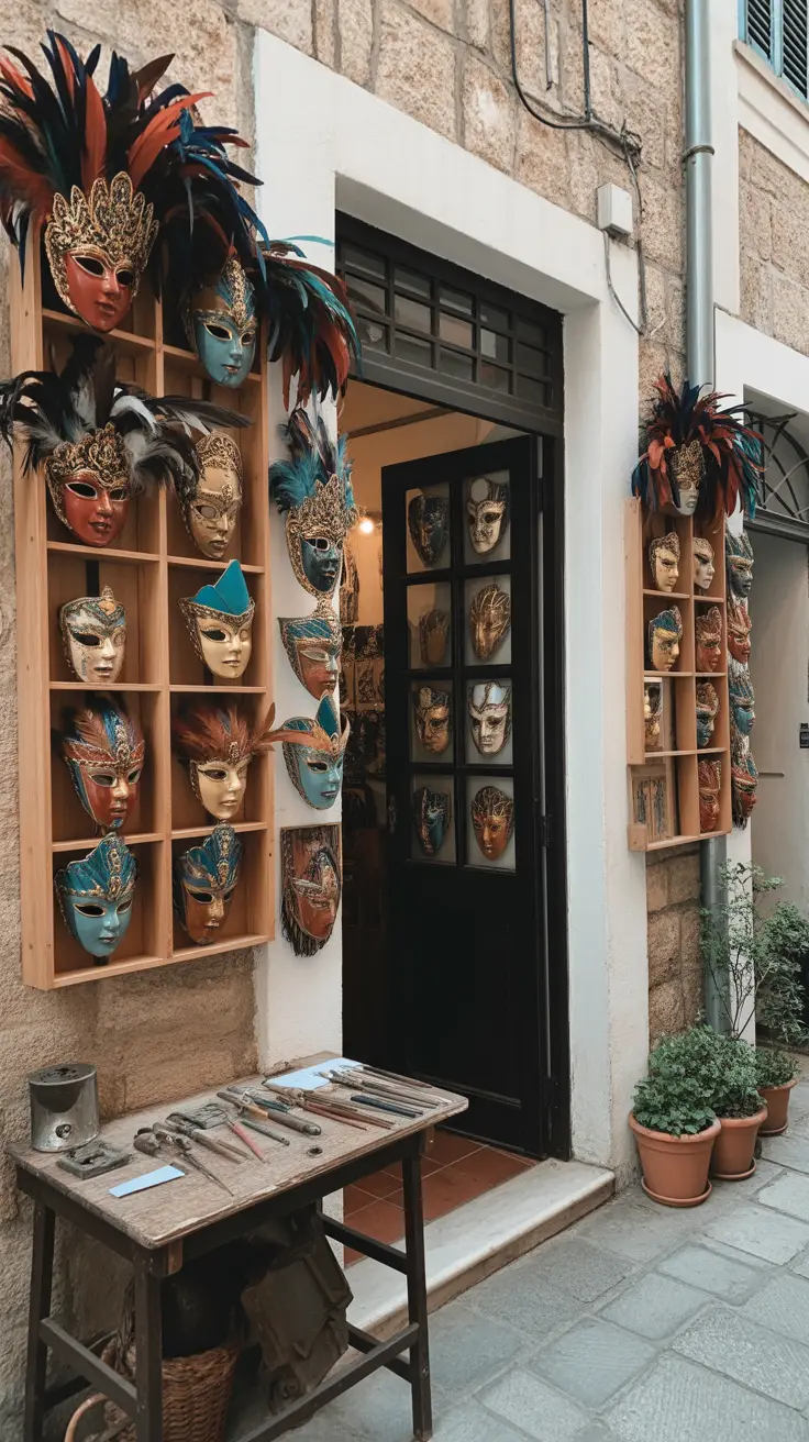 Big text overlay saying "9 Secret Mask Shops in Venice" in bold white font placed within a prominent dark box, surrounded by a vivid collage of colorful Venetian mask images in a realistic style.