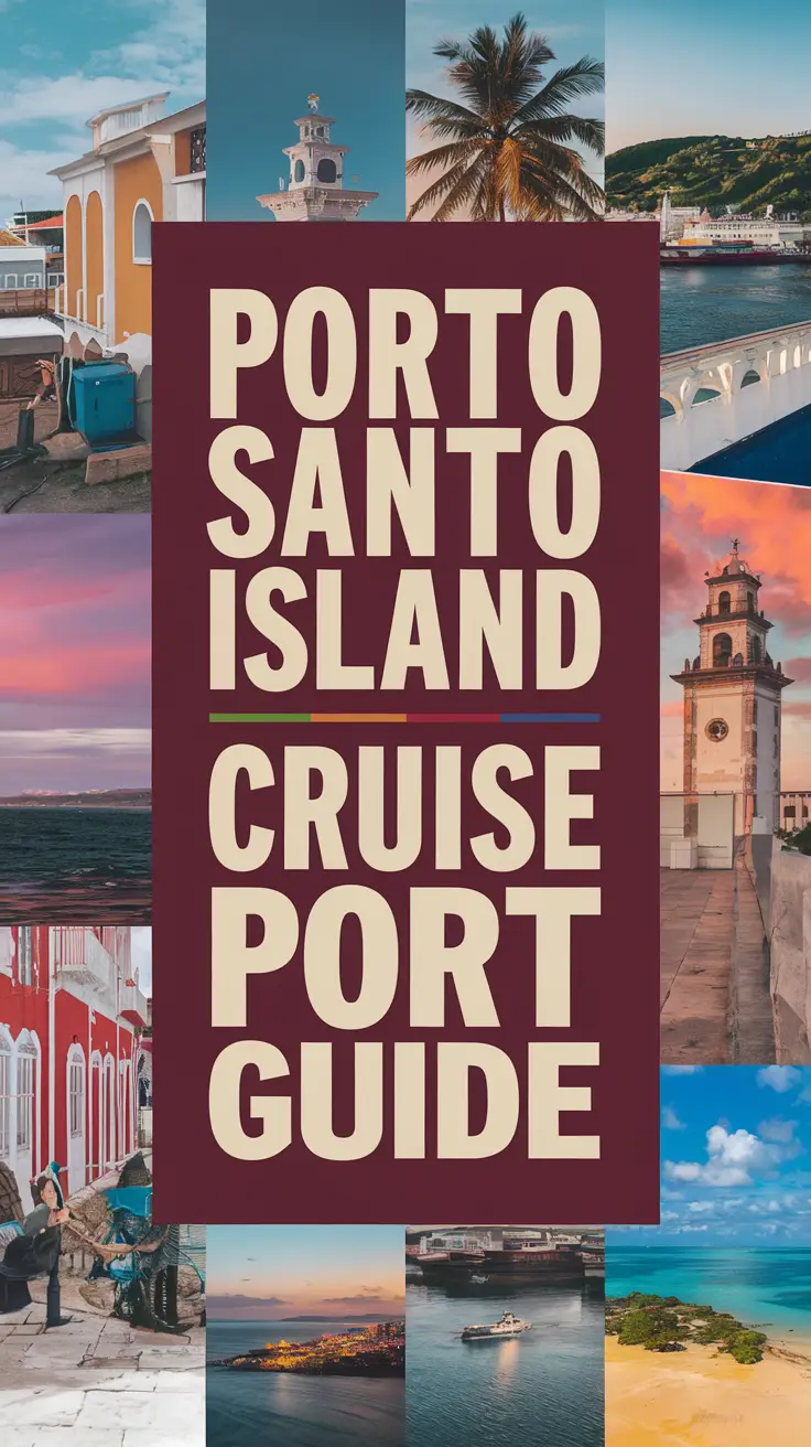 Big text overlay saying: Porto Santo Island Cruise Ship Port Guide. It's designed to immediately grab attention with its thick, distinctive lettering set prominently in a big dark colored box, utilizing a simple yet striking bold white color for the text. Surrounding this eye-catching typography, a collage of vibrant images.