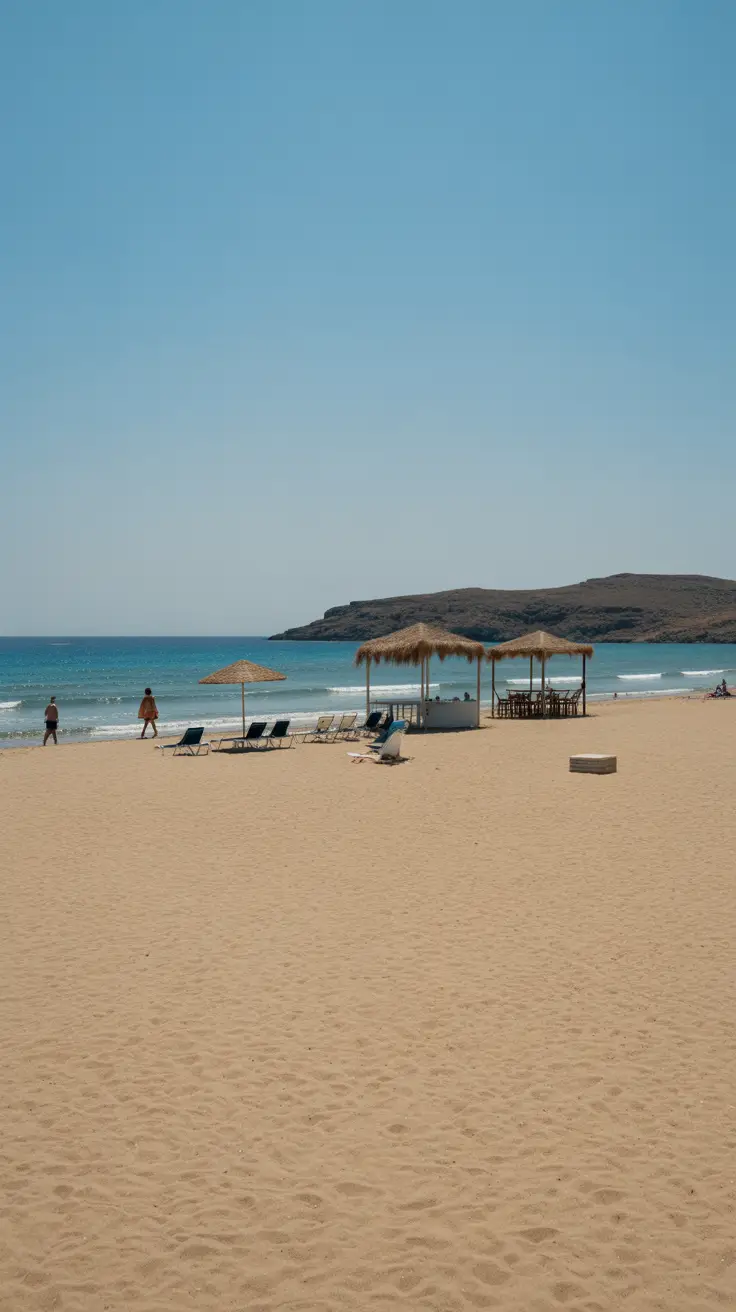 Less crowded than neighboring Perivolos, this beach’s relaxed vibe and casual bars make it a convenient stop for a final swim and snack pre-boarding.