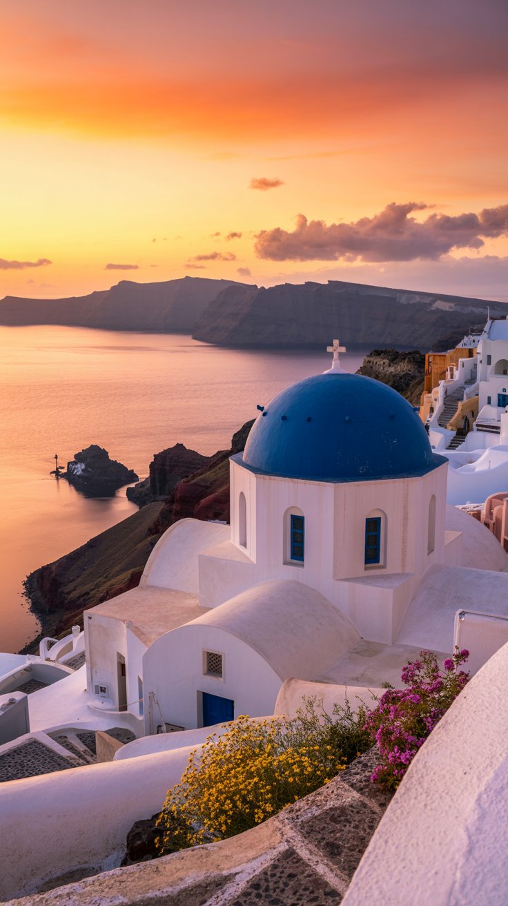 Agios Theodoros church at sunset in Firostefani Santorini