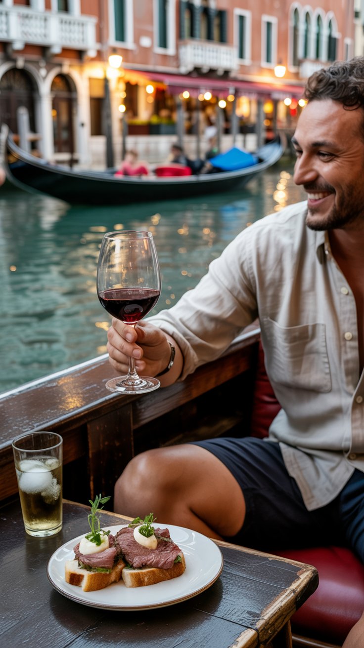 Al Timon with a local enjoying the food and watching boats go by with a glass of wine in Venice Italy