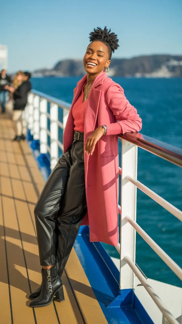 woman aged 30 wearing a trendy outfit: For Black Women Bold Basics - Faux leather pants paired with a bright-colored soft sweater and belted wrap coat. Ankle boots with hardware details add edge to the ensemble. On a cruise ship. She is not a model, just a normal woman having fun. Sunny day.