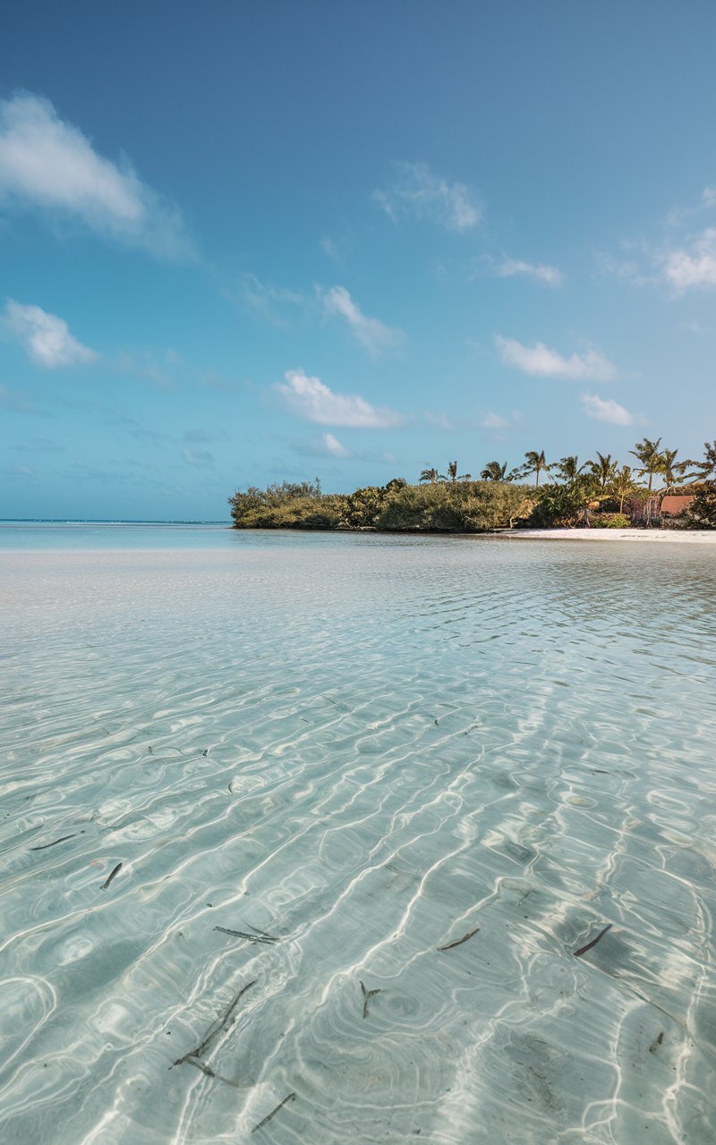 A photo of a sunny day at a beach in Aruba. The beach is a shallow, pancake-flat lagoon with crystal clear water. The water is perfect for floating, waddling, or snorkeling. The sand is white and the water is a beautiful shade of blue. There are palm trees along the shore. The sky is clear with a few clouds.