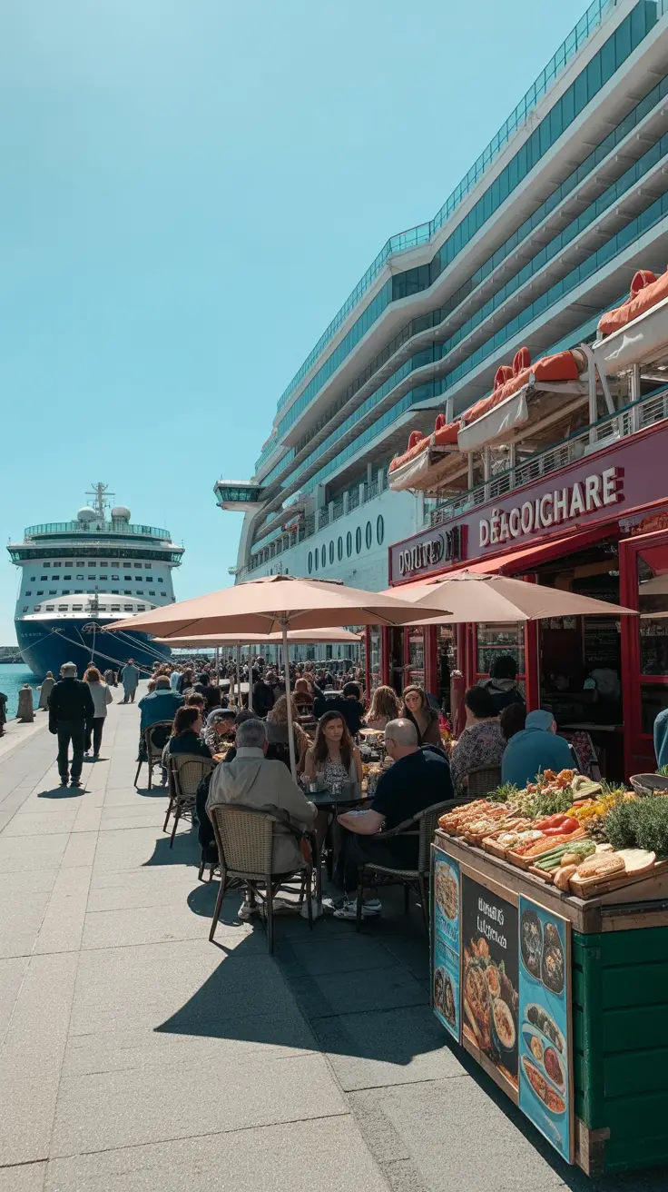 A view of a few popular restaurants and cafes near Dún Laoghaire Harbour, with cruise ships docked in the background. Outdoor seating areas with people dining. A seafood restaurant with open windows, and a nearby casual café with umbrellas over tables. A small food market stall set up on the side with visible fresh local produce. Pedestrians walking along the harbor path. Clear blue sky.