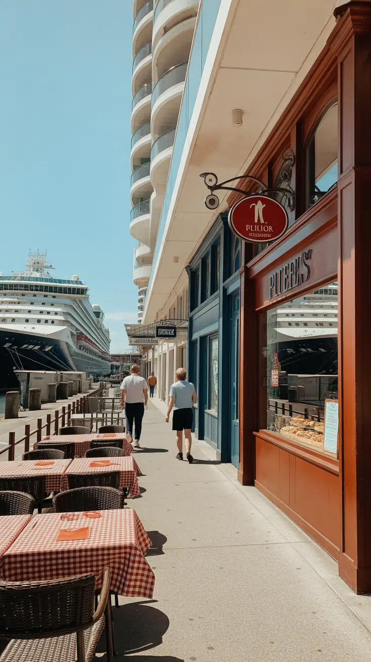Recommends top dining spots near the cruise terminal, including pubs, Italian restaurants, seafood grills, and quick-service bakeries.
