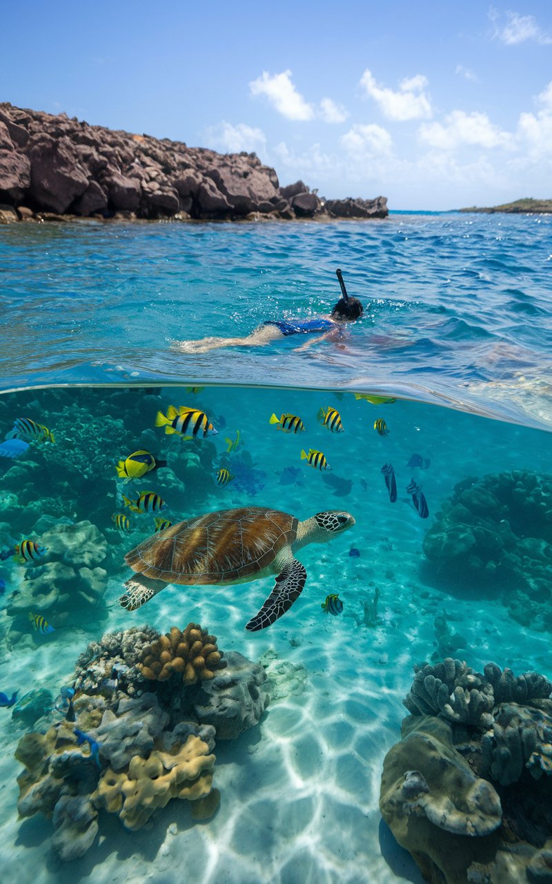 A photo of a sunny day at Boca Catalina, a hidden cove with calm waters in Aruba. A snorkeler is in the water, swimming alongside a sea turtle and among vibrant reef fish. The crystal-clear water reveals the sandy bottom and the coral reef. The background contains the rocky coastline and the clear sky.