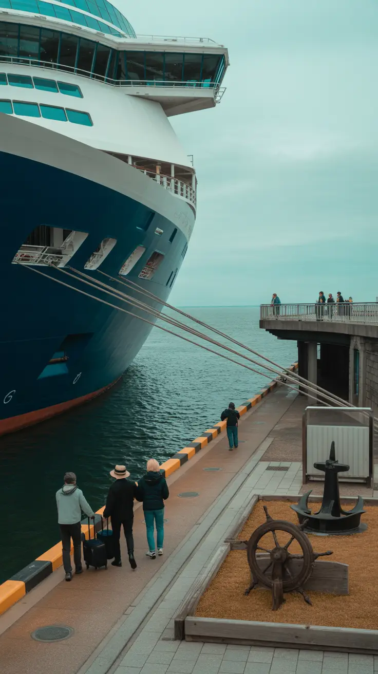 A cruise ship docked at Dublin’s Ocean Pier with a small group of people near the edge of the pier. One person pulls luggage beside a uniformed porter. In the background, a raised platform overlooks the water with a few tourists observing the ship. To the right, a modest outdoor exhibit displays maritime artifacts like an old ship’s wheel and anchor on a paved area.