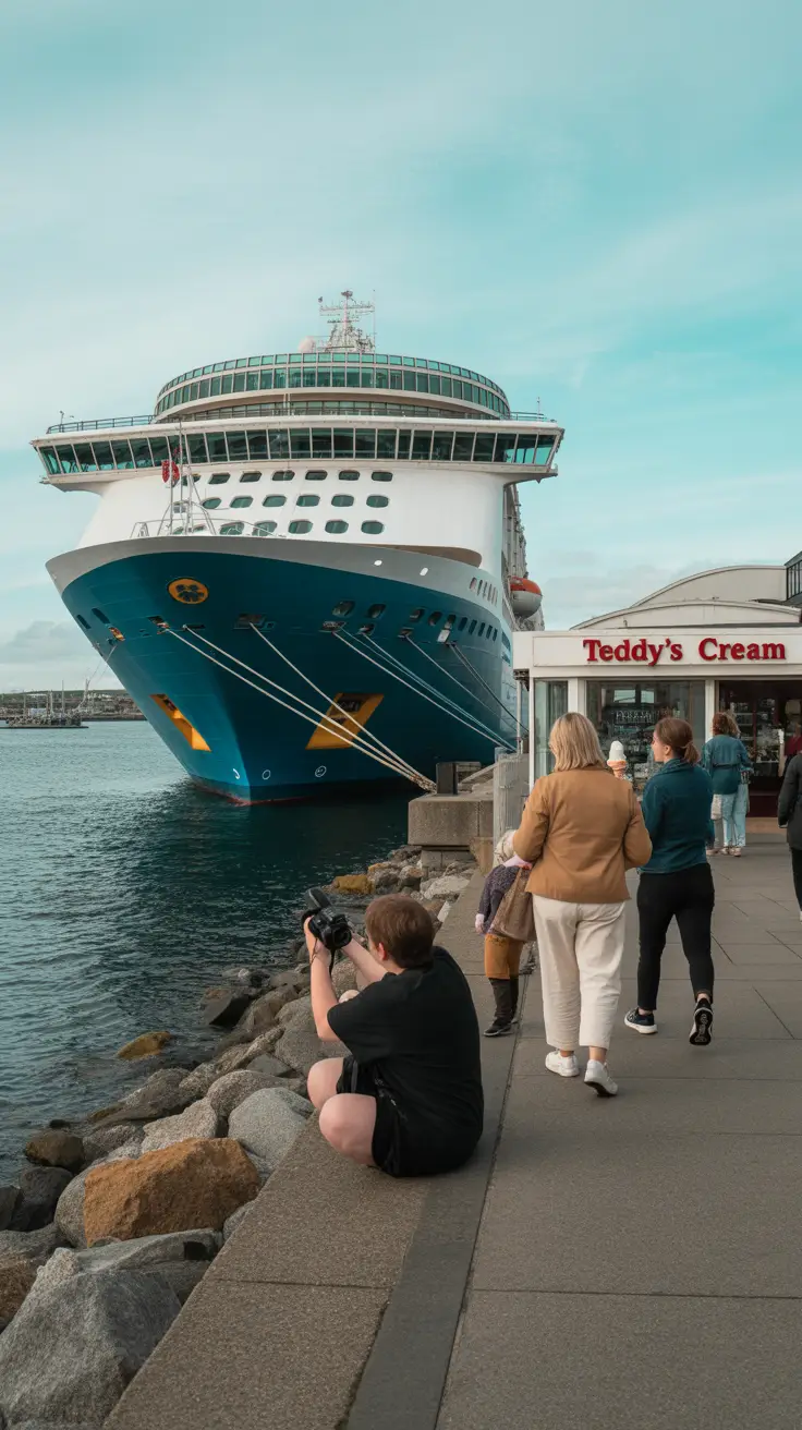 A cruise ship docked at Dún Laoghaire Harbour with a few people walking along the pier wearing light clothing. In the background, the Royal Marine Hotel is visible, and a couple of people are seen enjoying ice cream cones near Teddy’s Ice Cream stand. A person holding a camera is positioned on the rocks at Sandycove, facing the ship.