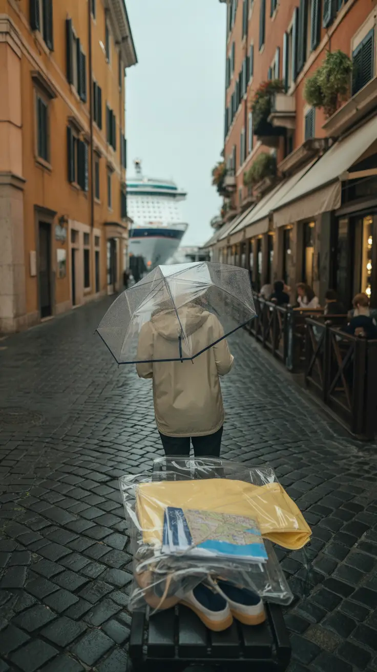 Big text overlay saying: Rainy Day in Genoa? Do This!. It's designed to immediately grab attention with its thick, distinctive lettering set prominently in a big dark colored box, utilizing a simple yet striking bold white color for the text. Surrounding this eye-catching typography, a collage of vibrant images.