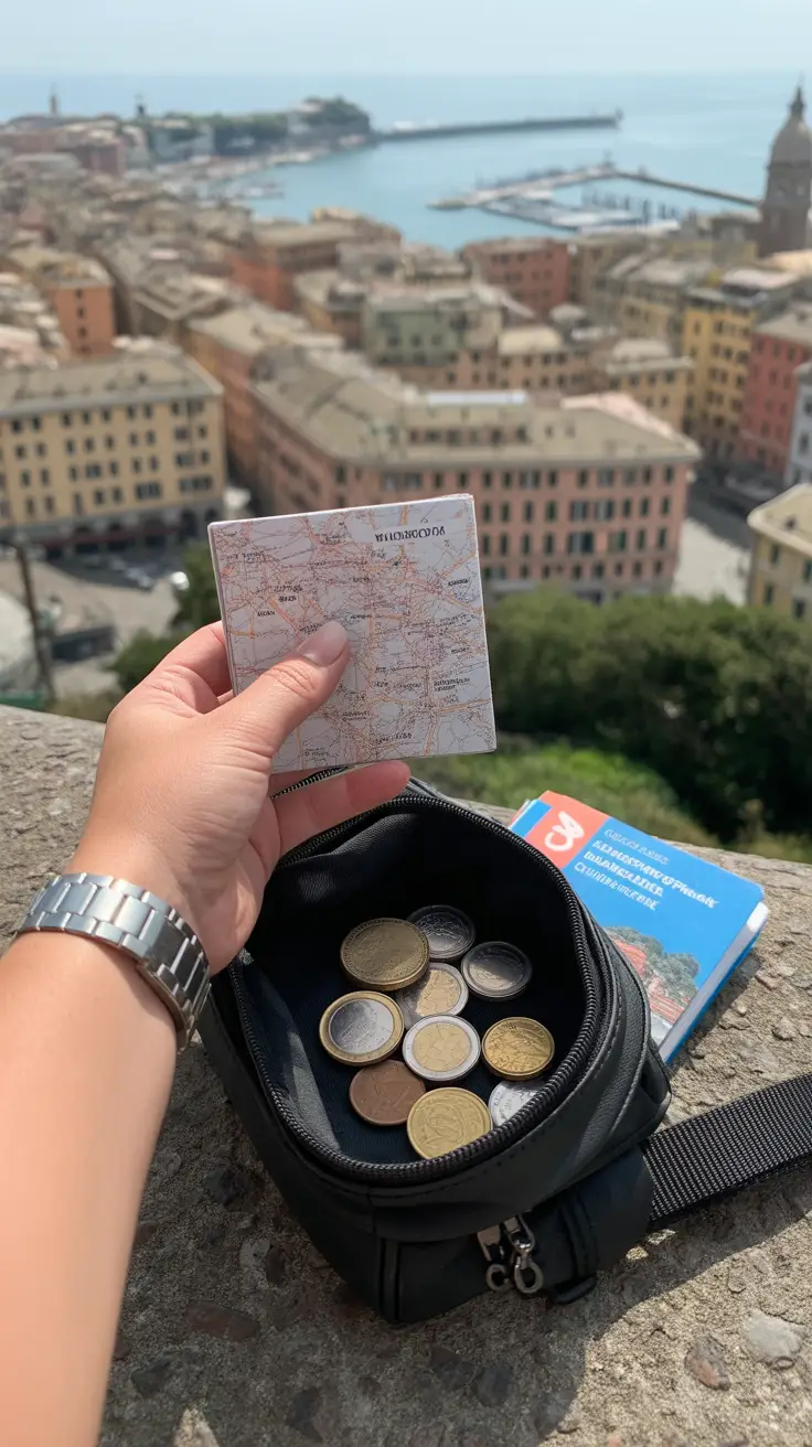 Big text overlay saying: "6 Unbelievable Things to Do in Genoa" in bold white lettering on a dark-colored box, surrounded by a collage of vibrant, realistic images highlighting travel and attractions in Genoa.