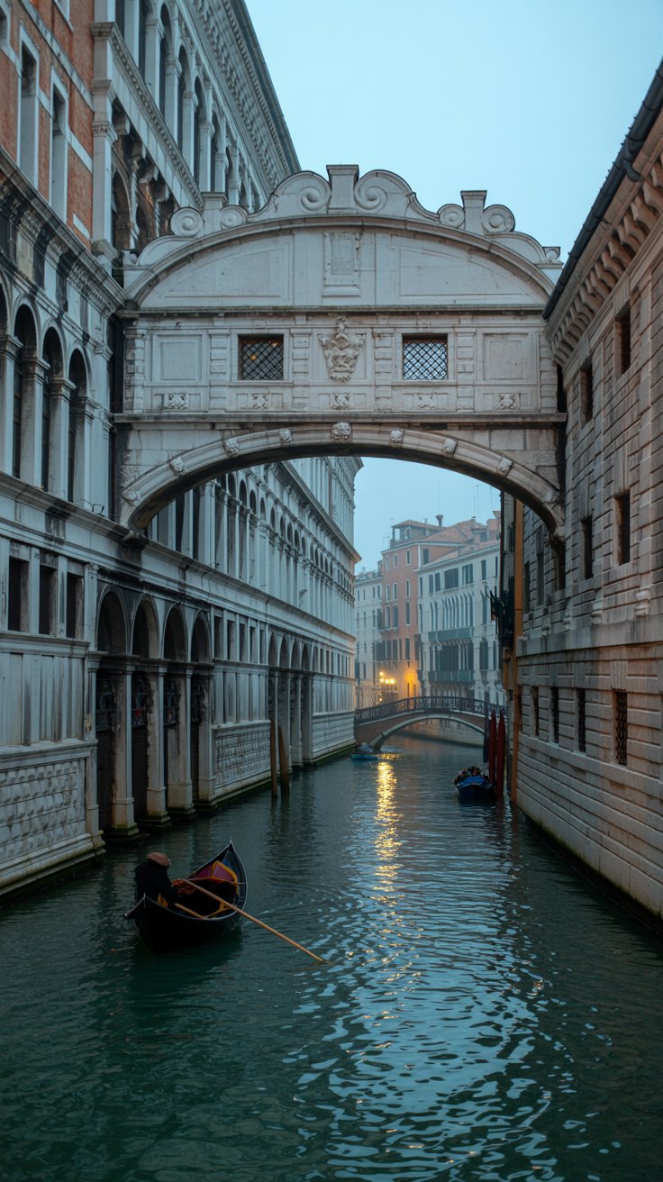 A photograph of the Bridge of Sighs in Venice, Italy, shrouded in a gentle evening mist. The stone bridge arches gracefully over the narrow canal, its windows reflecting the warm glow of lanterns along the waterfront. Gondolas drift lazily below, their silhouettes dark against the shimmering water, while ornate buildings with weathered facades line the canal banks. Soft, diffused lighting creates a romantic and timeless atmosphere.