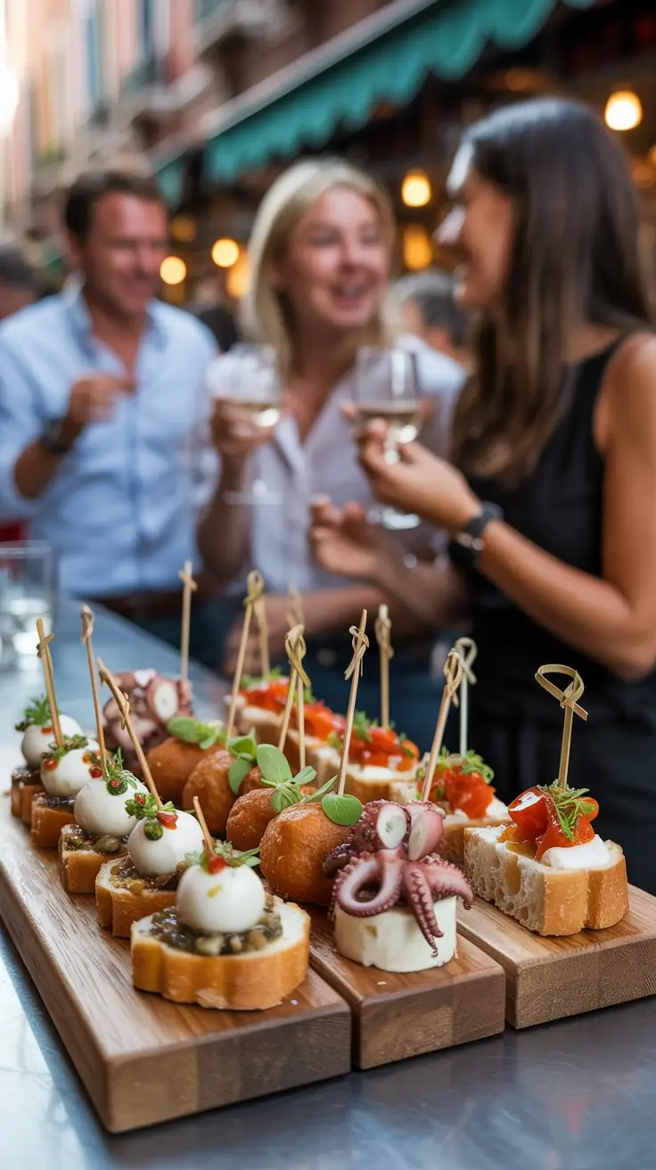 Cicchetti plates on a bar in Venice Italy