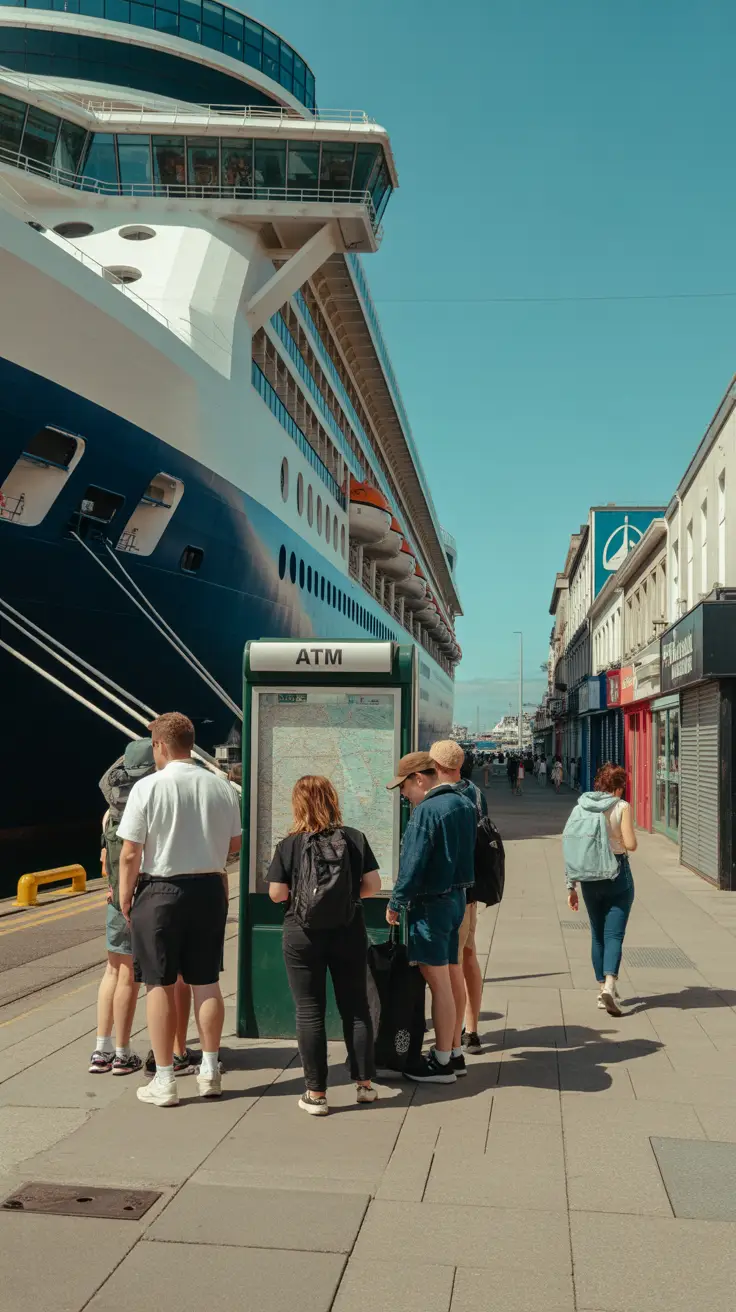 A large cruise ship docked at Dún Laoghaire Harbour. A group of tourists stands near the port terminal, looking at a posted map. Some people appear confused or checking their phones. A long queue is visible at an outdoor ATM nearby. A few shops in the background have closed shutters. A couple of travelers walk toward the distant town center, while others turn back toward the ship. Clear blue sky.