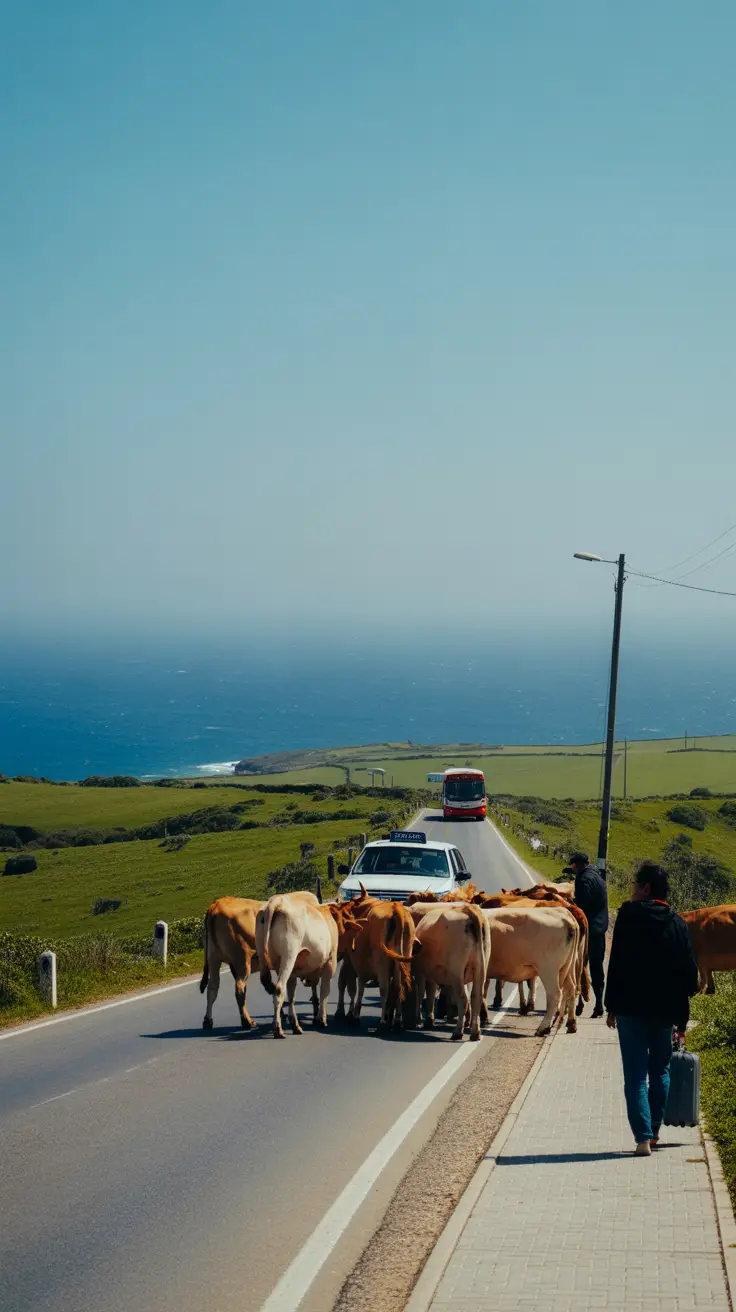 A narrow coastal road with a clear view of the ocean on one side and green pastures on the other. A small group of cows blocks part of the road. A white taxi is stopped behind the cows. In the distance, a public bus approaches. A few people with small suitcases are walking along a paved path beside the road. The sky is clear.