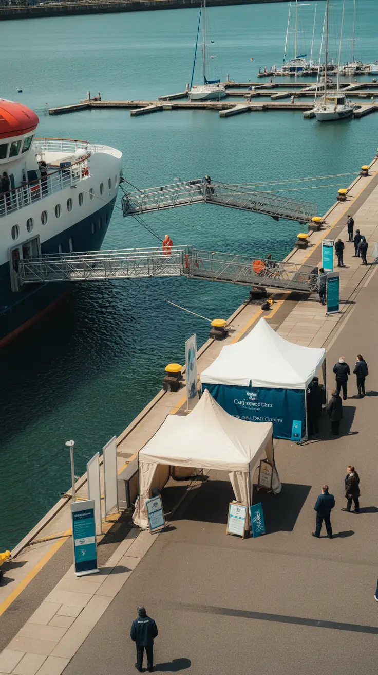 A wide view of Carlisle Pier at Dún Laoghaire Harbour with a cruise ship docked alongside. Portable gangways connect the ship to the pier. A few white tents and reception booths are set up near the ship for arrivals. The surrounding marina area has moored small sailboats and yachts. Several uniformed staff members assist passengers and manage disembarkation zones. Clear pedestrian paths and signage stands are visible near the pier.