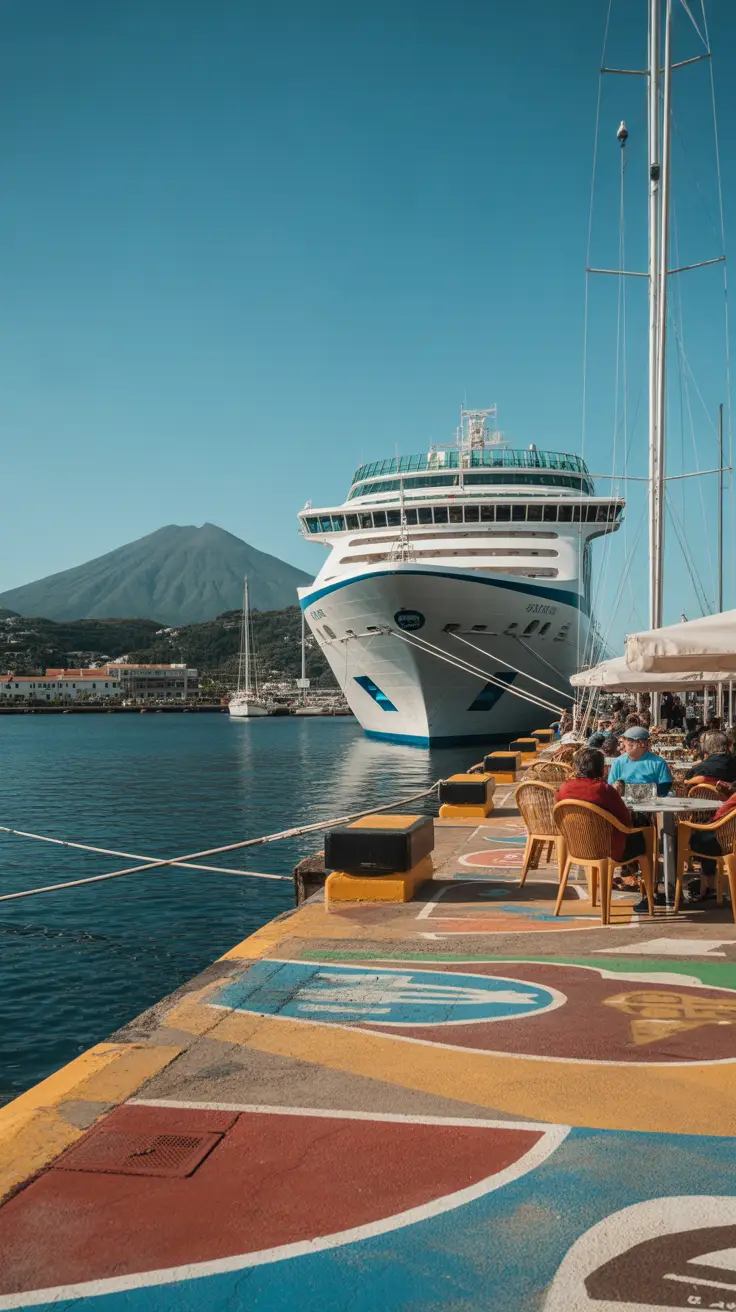 A cruise ship docked in a small harbor. In the background, Mount Pico rises prominently with a clear silhouette. A few sailboats are moored nearby. A dockside café with outdoor seating is visible, with several people sitting at tables. The ground near the harbor is covered with colorful painted murals created by sailors. The sky is clear and blue.