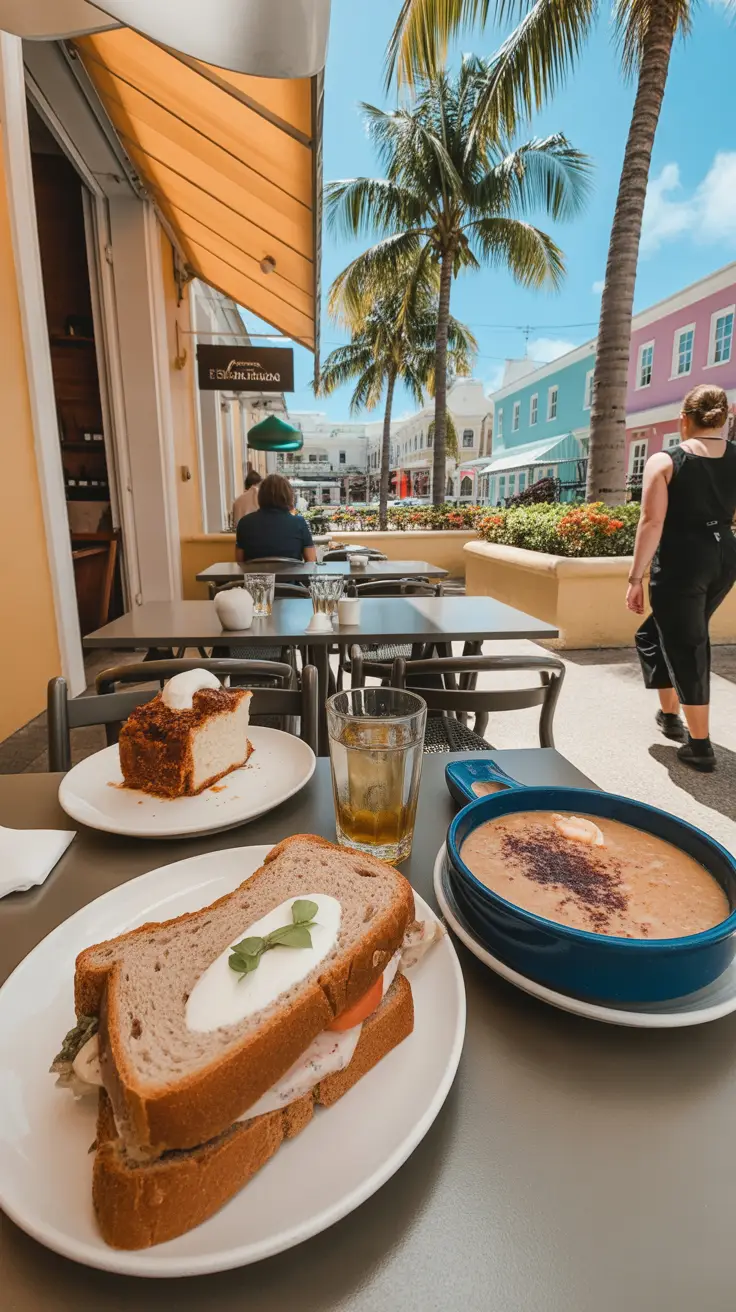 Local cuisine recommendations such as fish sandwiches, Bermuda fish chowder, and traditional desserts, with restaurant suggestions for authentic experiences.