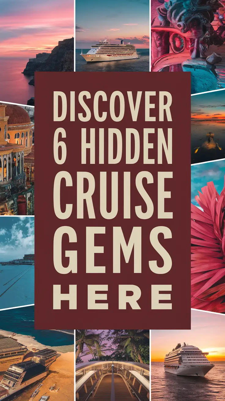 Big text overlay saying: Discover 6 Hidden Cruise Gems Here. It's designed to immediately grab attention with its thick, distinctive lettering set prominently in a big dark colored box, utilizing a simple yet striking bold white color for the text. Surrounding this eye-catching typography, a collage of vibrant images.