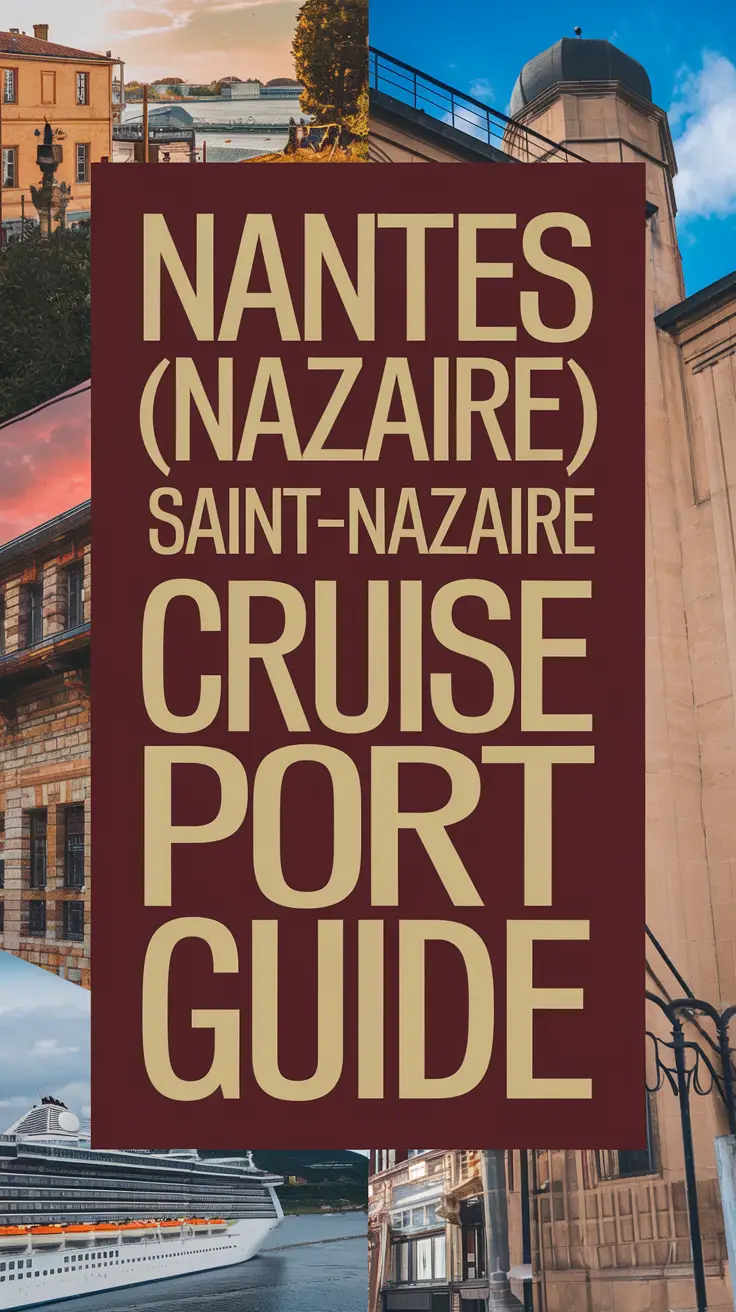 Big text overlay saying: Nantes (Saint-Nazaire) Cruise Ship Port Guide. It's designed to immediately grab attention with its thick, distinctive lettering set prominently in a big dark colored box, utilizing a simple yet striking bold white color for the text. Surrounding this eye-catching typography, a collage of vibrant images. **Alt Tag Description:** Bold white typography reading "Nantes (Saint-Nazaire) Cruise Ship Port Guide" over a large dark box, surrounded by a vibrant photo collage showcasing highlights of the port area, designed to grab immediate visual attention.