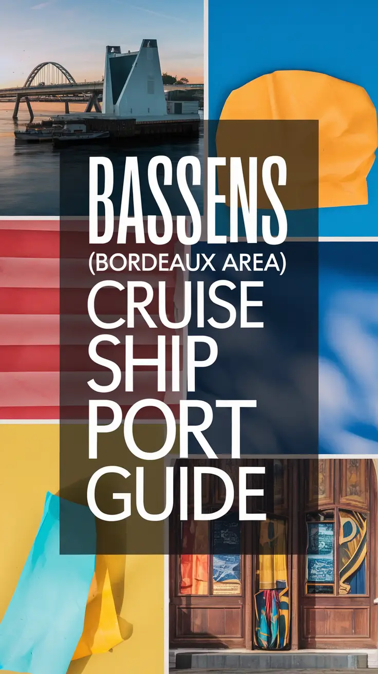 Big text overlay saying: Bassens (Bordeaux area) Cruise Ship Port Guide. It's designed to immediately grab attention with its thick, distinctive lettering set prominently in a big dark colored box, utilizing a simple yet striking bold white color for the text. Surrounding this eye-catching typography, a collage of vibrant images.
