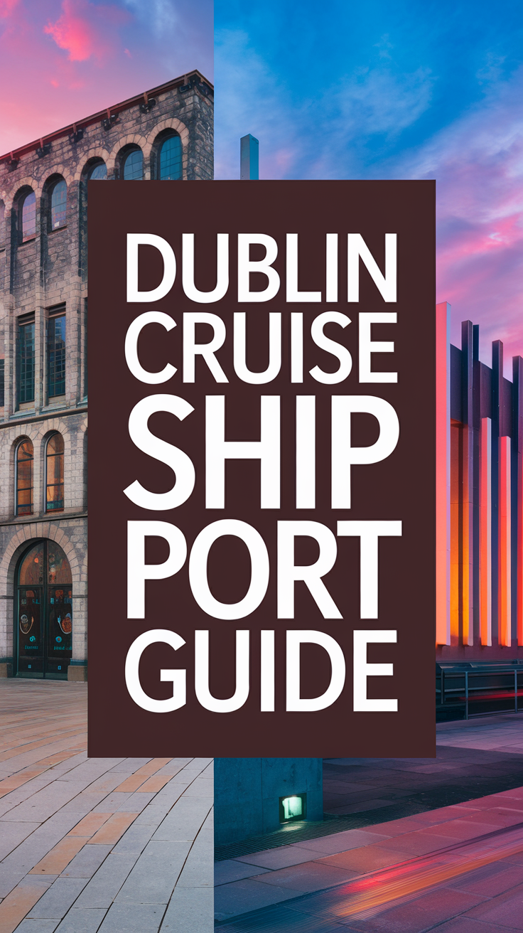 Big text overlay saying: Dublin Cruise Ship Port Guide. It's designed to immediately grab attention with its thick, distinctive lettering set prominently in a big dark colored box, utilizing a simple yet striking bold white color for the text. Surrounding this eye-catching typography, a collage of vibrant images.