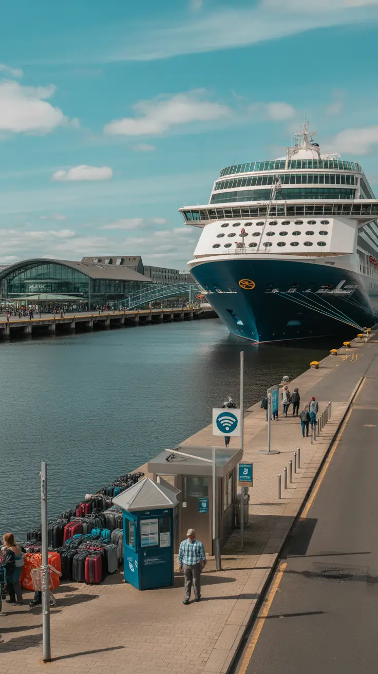 A wide-angle view of Dublin’s cruise terminals on a sunny day. A large cruise ship is docked at Ocean Pier with visible gangways extending to the terminal building. Nearby, Alexandra Quay shows smaller port buildings and a designated luggage area with stacked suitcases. At North Wall Quay Extension, passengers are seen near a visitor information kiosk and public seating. WiFi signs are clearly marked on poles. Port staff in uniforms are scattered around the terminals.