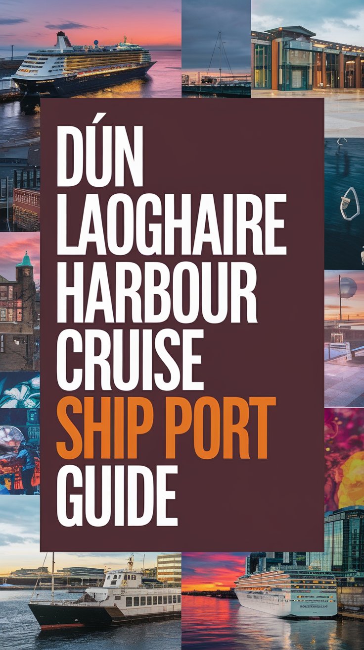 Big text overlay saying: Dún Laoghaire Harbour Cruise Ship Port Guide, with bold white lettering in a large dark box surrounded by a collage of vibrant images in a realistic style.