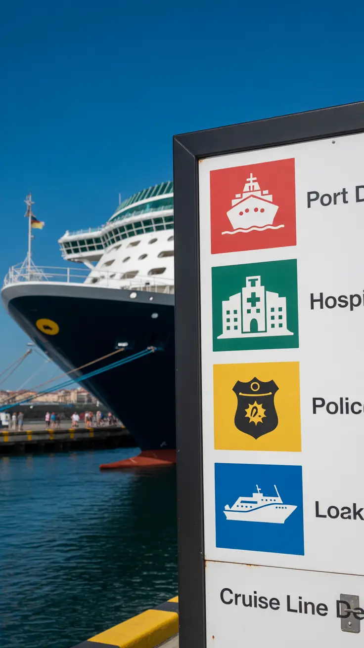A close-up photograph of an information board mounted near a dock, showing four color-coded icons representing emergency services: a ship for the Port Authority, a hospital building for the Hospital da Horta, a police badge for Local Police, and a cruise ship for the Cruise Line Desk. A large cruise ship is docked in the background with a few people visible walking nearby. The sky is clear and blue.