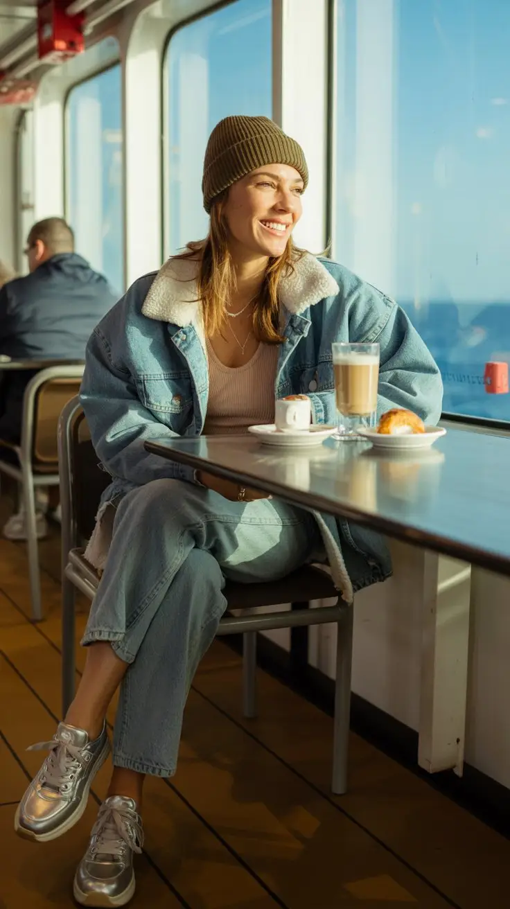woman aged 30 wearing a trendy outfit: Everyday Casual Effortless Cool - Straight-leg jeans with a thermal top under a sherpa-lined denim jacket. Waterproof sneakers and a knit beanie create a relaxed but put-together look. At the cafe on a cruise ship. She is not a model, just a normal woman having fun.