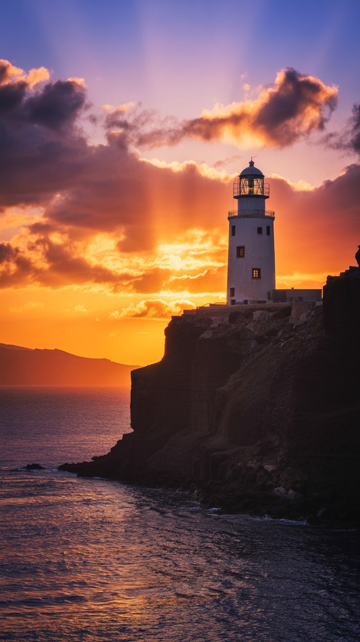A photograph of the iconic Faros Lighthouse on Santorini, dramatically silhouetted against a vibrant sunset. The lighthouse is a stark white cylindrical structure perched atop dark volcanic cliffs, its lantern room emitting a faint, warm glow. The sun appears to be "pirouetting behind cliffs" as it descends into the Aegean Sea, painting the sky with fiery hues of orange, purple, and gold. The surrounding water is a deep blue, creating a stunning contrast with the warm colors above, resulting in a cinematic and breathtaking scene.