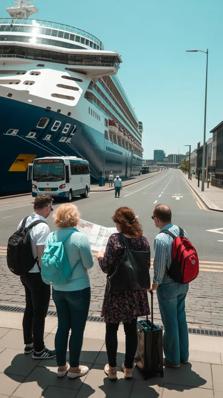 A group of cruise passengers standing on a sidewalk near the Dublin Cruise Ship Port, looking at a city map. A large cruise ship is docked in the background. A shuttle bus is pulling away from a nearby curb. A few passengers in the distance are walking with luggage along a long road toward the city. The sky is clear and sunny.