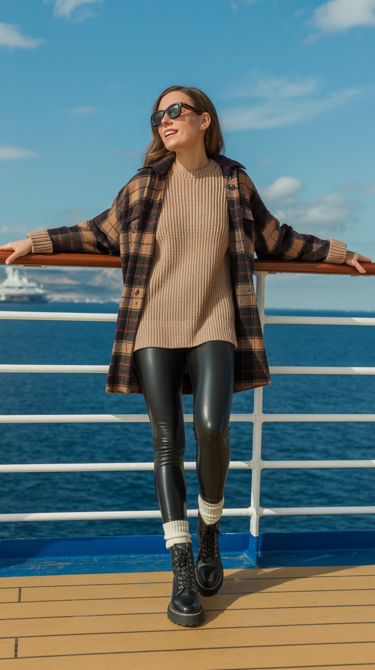 woman aged 30 wearing a trendy outfit: Sleek faux leather leggings with an oversized chunky knit sweater. Wool socks peek out from lug-sole boots, topped with a plaid overshirt and statement sunglasses. On a cruise ship. She is not a model, just a normal woman having fun. Sunny day.